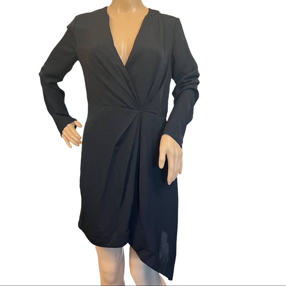SEE U SOON Dress Asymmetrical Hem Surplice Neckline Back Zip Long Sleeve Black S